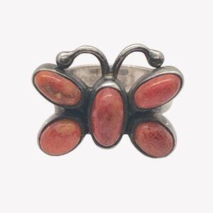 Southwest Style Sterling Silver Orange Spiny Oyster Shell Butterfly Ring Size 8